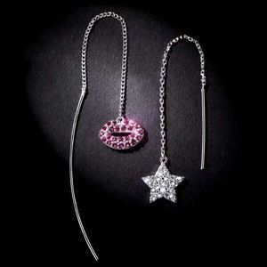 Clearance 925 Silver Asymmetric Star Lips Threader Valentines Earrings
